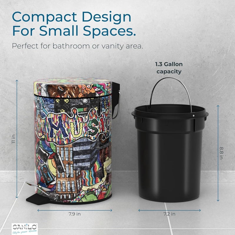 Sanilo Small Bathroom Trash Can with Lid [1.3 Gallon] - Lidded Tiny Trashcan for Garbage - Mini Metal Bin with Soft Closing Mechanism - Bath Room Accessoire Wastebin with Inner Bucket (Graffiti) - Image 5